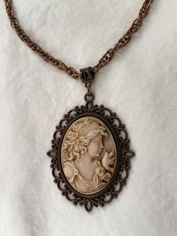 Large Lady Cameo Necklace with Long Chunky Chain