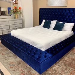 Aria Blue Velvet Queen Storage Platform Bed ( King Bed Frame option & mattress sold separately