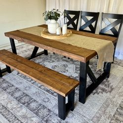 ❤️Farmhouse table bench 3 three chairs bench black brown dinning comedor farm style dinner dining set