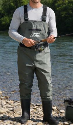 DikaSun fishing waders feature a waterproof grey nylon-PVC material and include built-in boots.