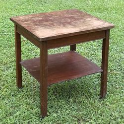Vintage Wood Two Tiered Side End Accent Table Stand On Wheels