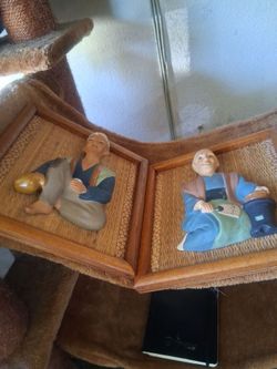 Vintage Ucagco Ceramics Japan 3D Relief Wall Plaque Set – Japanese Elderly Couple / Wise Man & Artisan