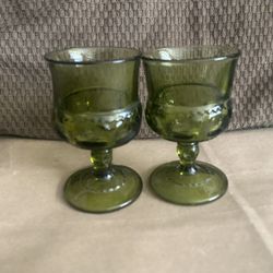 Beautiful Green Stemmed Indiana Glass Colony Color Crown Green Thumbprint Glasses Pair Of Vintage Pressed Glass Goblets