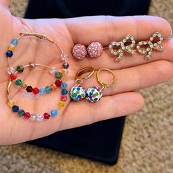 4 Pairs of Brand New Earrings – Beaded Hoops, Bow, & Rhinestone Balls (No Box)
