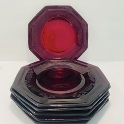 Vintage Ruby Red Etched Set of 6 Salad Plates 8.5”. Pre-owned in good condition 