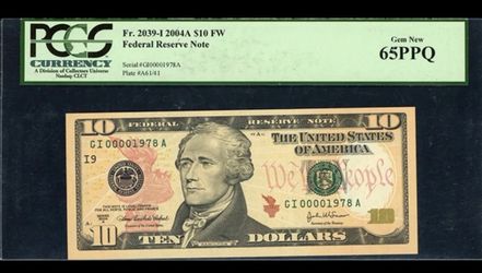 2004A Federal Reserve Note *Low Serial No/ Birth Year PCGS Gem New 65 PPQ