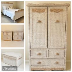 7 Piece Pier 1 Imports Wicker & Carved Wood JAMAICA COLLECTION Queen Bedroom Set