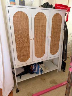 Kids White 3 Door Wardrobe with Rattan
