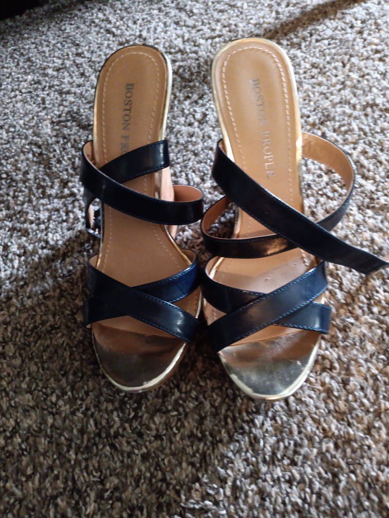 BOSTON PROPER NAVY BLUE PATENT LEATHER WEDGE ANKLE STRAP SANDLES SHOES Size 7