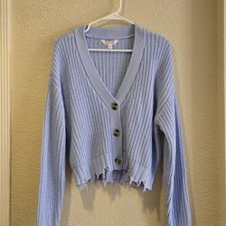 No Boundaries Light Blue Tattered/Torn Botton Up Cardigan, Size Medium 