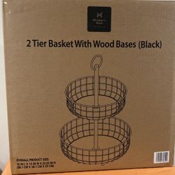 2- Tier Basket With Wood Base ( Black)