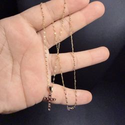 10k Gold Mirror Link Necklace & 10k Cross Pendant