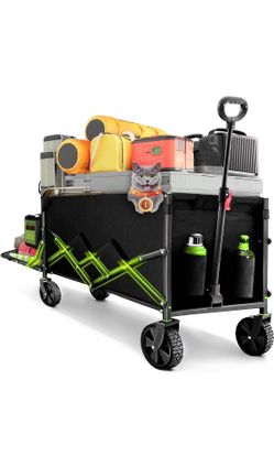 Collapsible Folding Wagon Extra Long Extender Wagon Cart,Beach Wagons Cart Heavy Duty Foldable, Utility Grocery Car with Side Pocket for Camping Garde