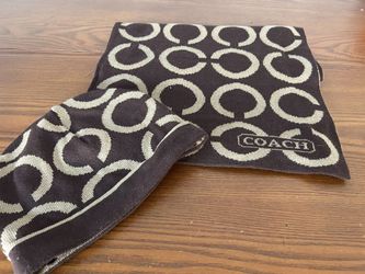 COACH Scarf and Beanie Hat Camel Brown Jumbo Signature C Logo Wool Blend Set