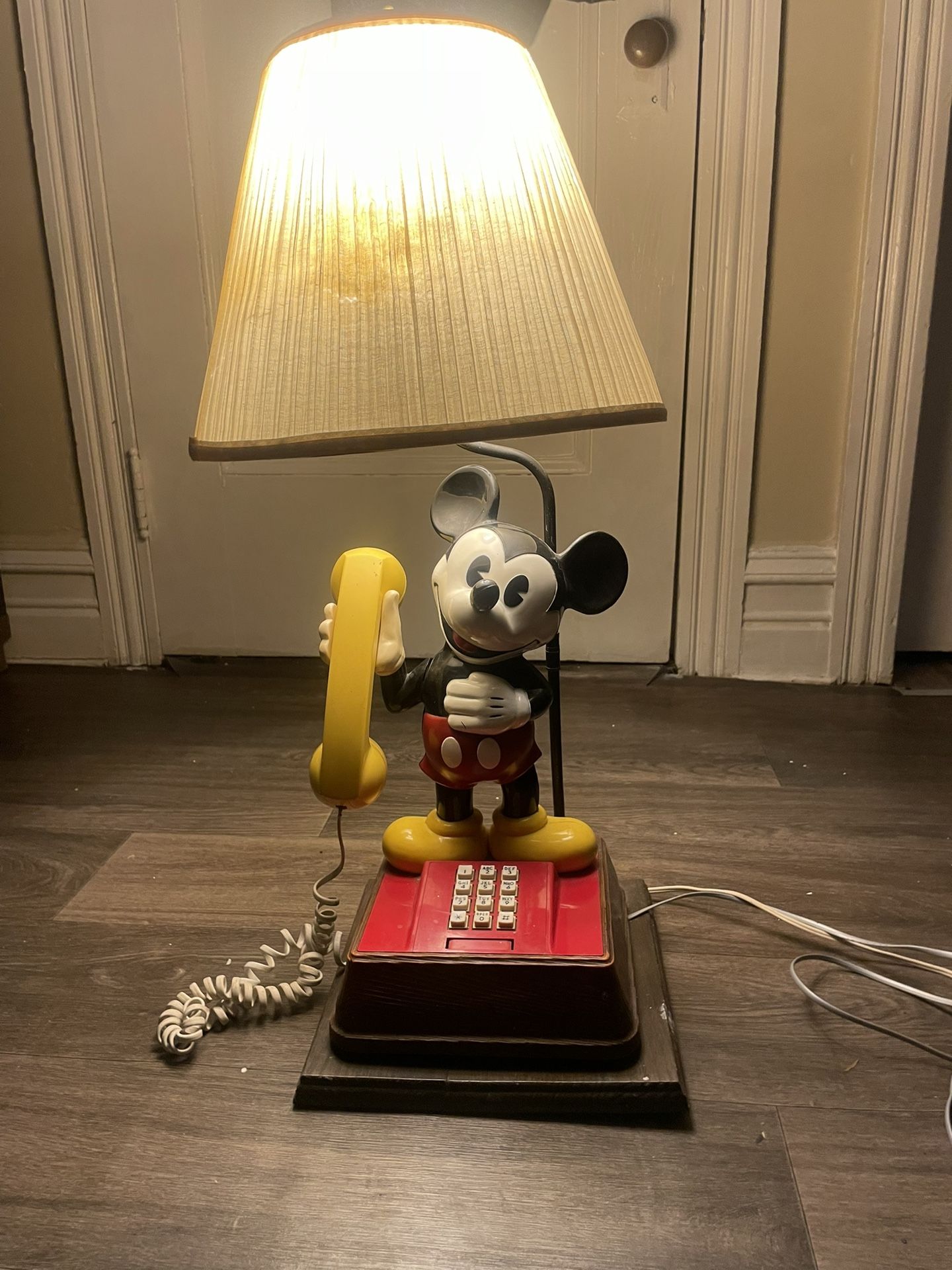 Vintage 1976 Mickey Mouse Lamp And Red Push-Button Telephone With Yellow Handset