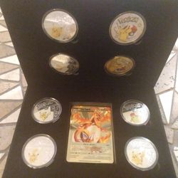 New Pokemon Collectible Box With Eight Silver Plated Coins And One Metal Card