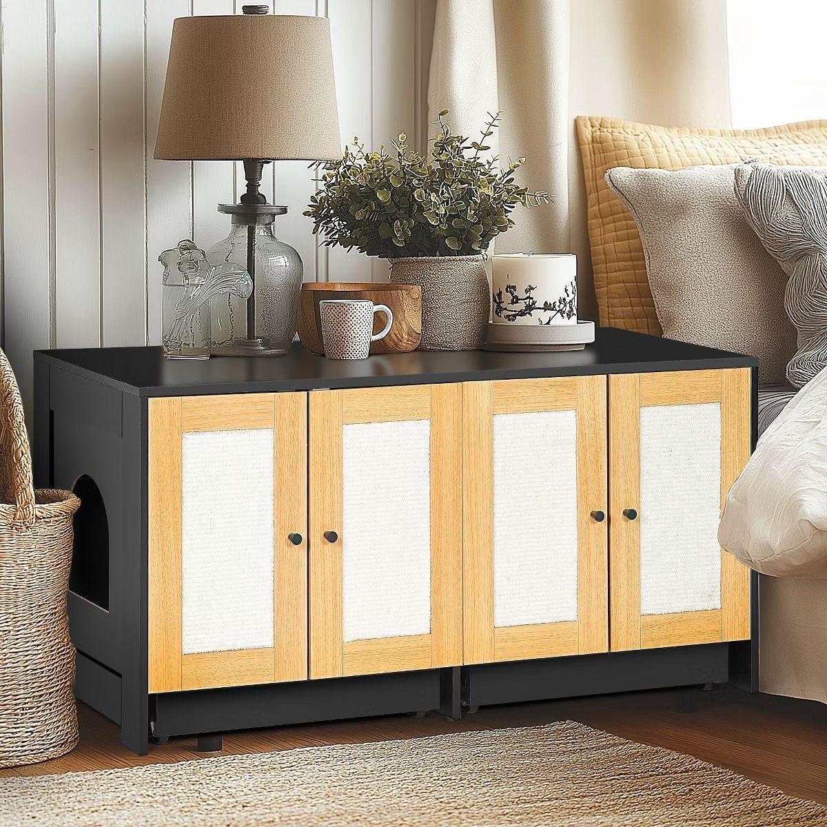 🔥Fully Assembled🔥Black Double Litter Box Enclosure 47x19.8x23.6"-Hidden Furniture for 2 Cats with Rattan Doors.