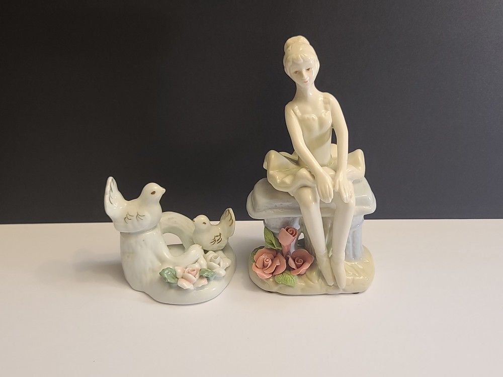 Porcelain Ballerina Sitting on Garden Bench Figurine - Dove Birds Porcelain Figurine