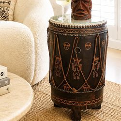 Vintage Wooden Carved Drum Table Glass Top Coastal eclectic Tiki bar Safari End Side Native Indigenous Art Beach Artwork African Nature Mat 
