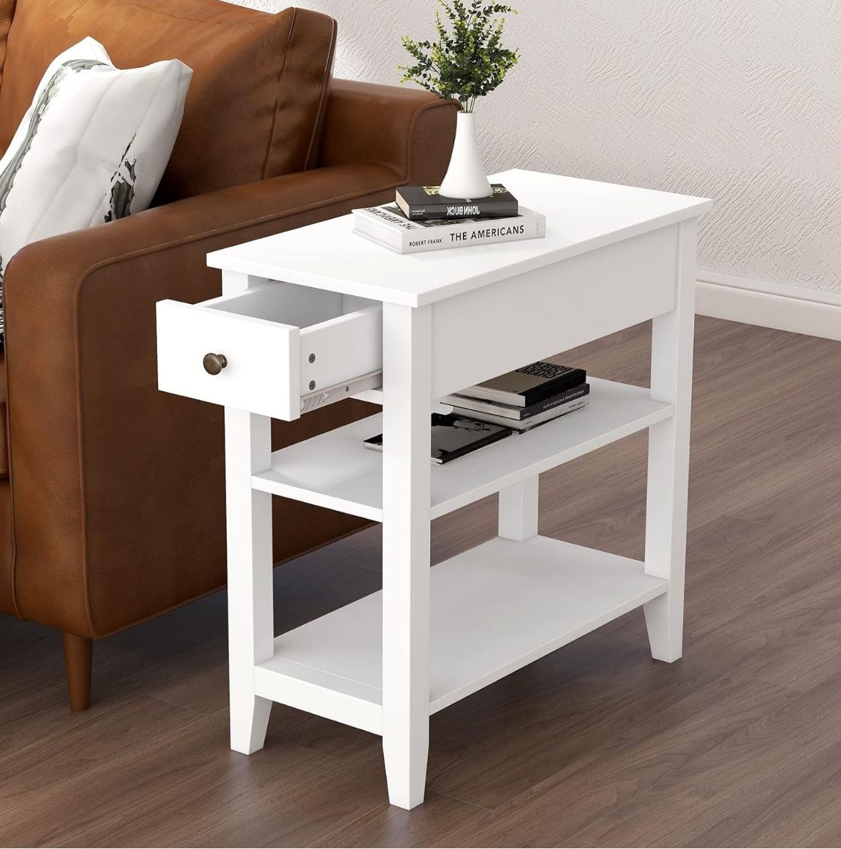 ChooChoo Side Table Living Room, Narrow End Table with Drawer and Shelf, 3-Tier Sofa End Table for Small Space, White