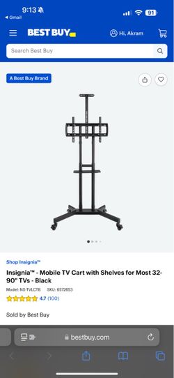 Insignia™ - Mobile TV Rolling Cart with Shelves for Most 32-90" TVs - Black