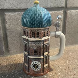 Ceramic Munich Frauenkirche clock tower stein with a ceramic lid.