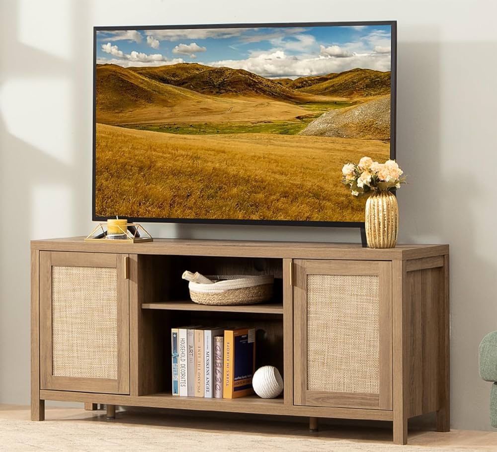 59”TV Stand for Living Room : Rattan TV Console Cabinet with Storage and Shelf, Boho Entertainment Center, for 55, 65 Inch TV, 26" Tall Television Sta