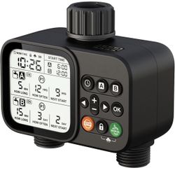 2 Zone Sprinkler Timer for Garden Hose, 8 Programmable Hose Water Timer with Auto Rain Delay, 3.3“ Large LCD Display Digital Irrigation System for Pla
