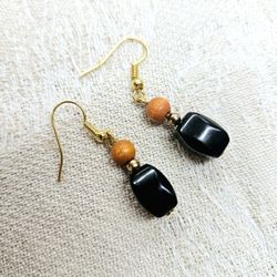 Handmade Burnt Orange Wood Black Onyx Glass Gold Beads Dainty Dangle Earrings
