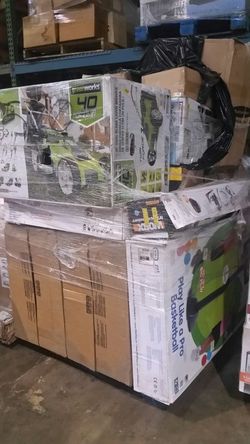 General merchandise pallet with electric lawnmower, chainsaw, file cabinets, electronic weedeaters, safe, and more