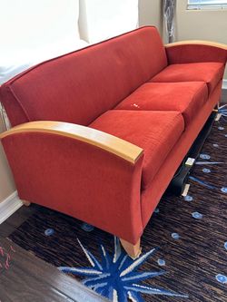 Red Fabric Sofa with Wood Arm Accents