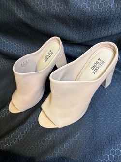 Bleecker and Bond beige leather peep toe block heel mules