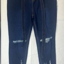 Plus High Waisted Belted Distressed Skinny Jeans