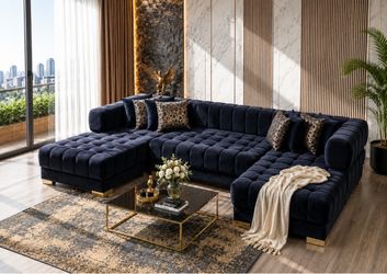 Navy Blue Velvet U-Shape Sectional Sofa