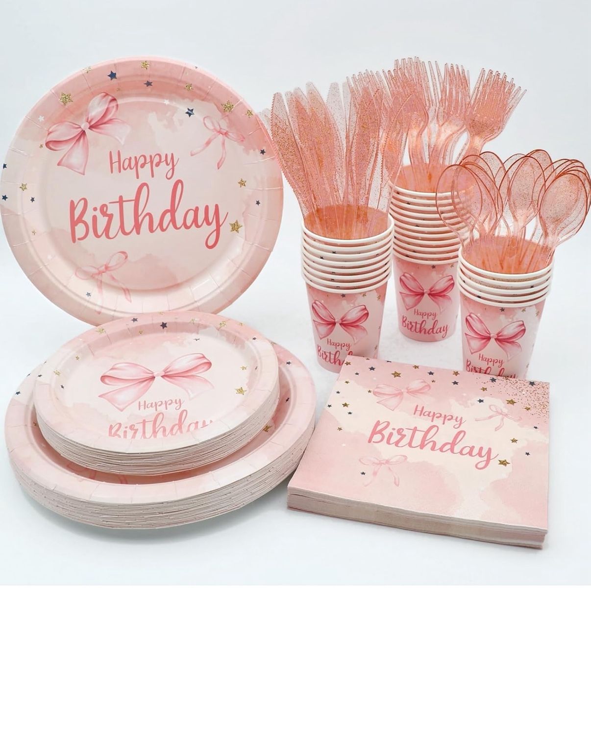 175PCS Pink Bow Birthday Plates and Napkins Party Supplies, Disposable Pink Bow Party Paper Plates for 25 Guests Gold Dot Plastic Forks Knives Spoons