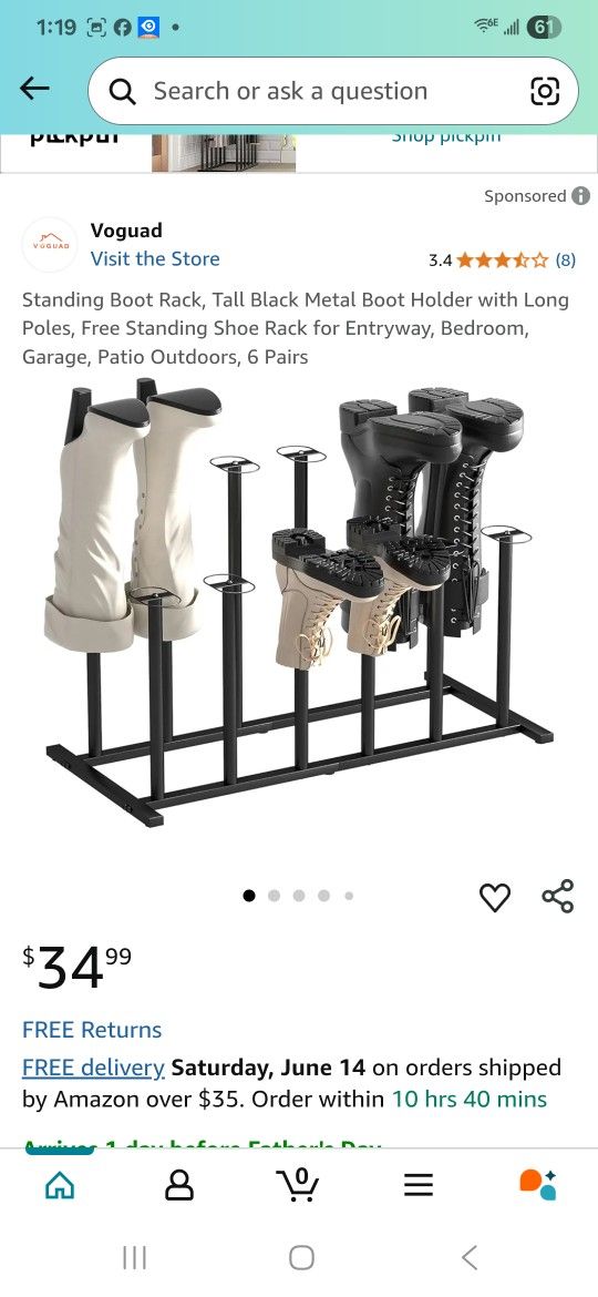 Standing Boot Rack, Tall Black Metal Boot Holder with Long Poles, Free Standing Shoe Rack for Entryway, Bedroom, Garage, Patio Outdoors, 6 Pairs
