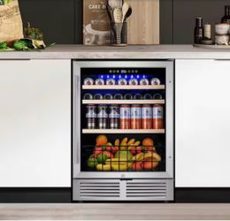 24 in. Single Zone 220 Plus Cans Beverage Refrigerator in Silver with 2-Different Door Handle Built-in Beverage Cooler