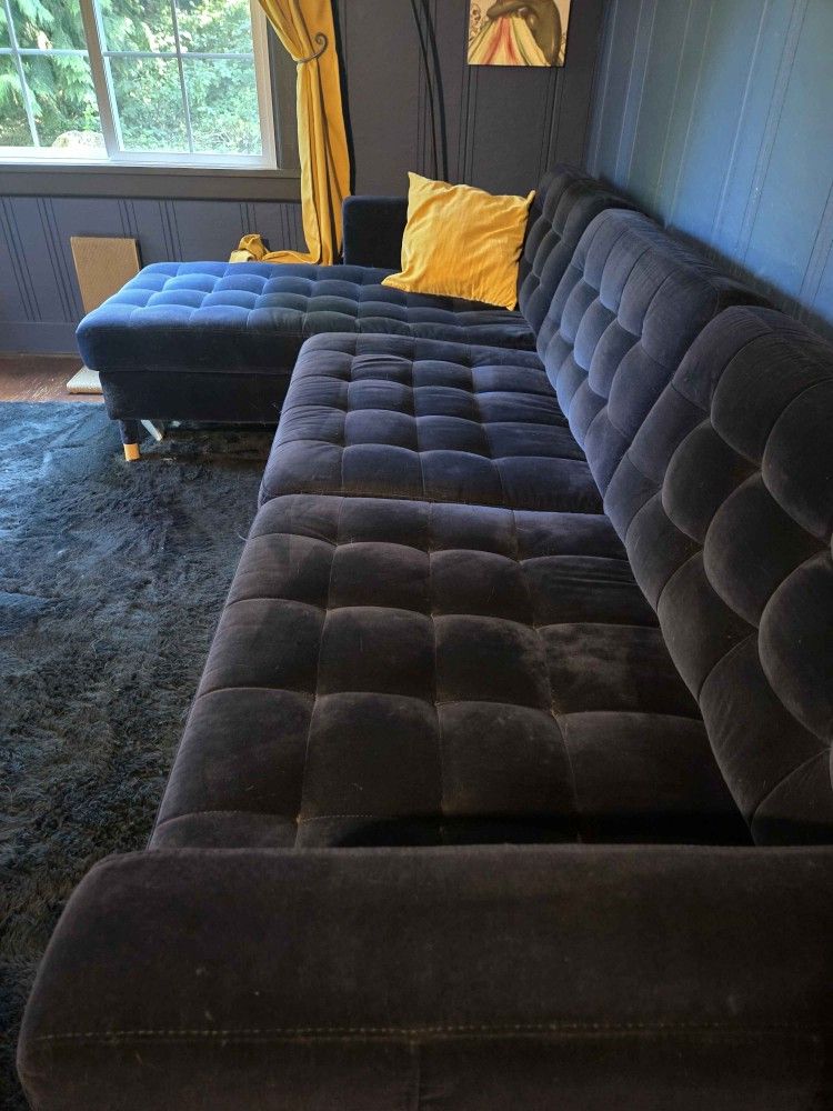 Ikea Blue Velvet Sectional Couch with Chaise - 9ft long - dark blue