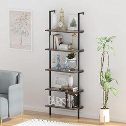 5-Tier Industrial Ladder Shelf Rustic Wall Mounted Metal Frame Bookcases, Multi-Use Open Bookshelf for Storage Organizer Plants Rack for Office and Ho
