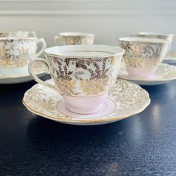Vintage  7 Colclough Tea Cups and Saucers Gold Floral Filigree