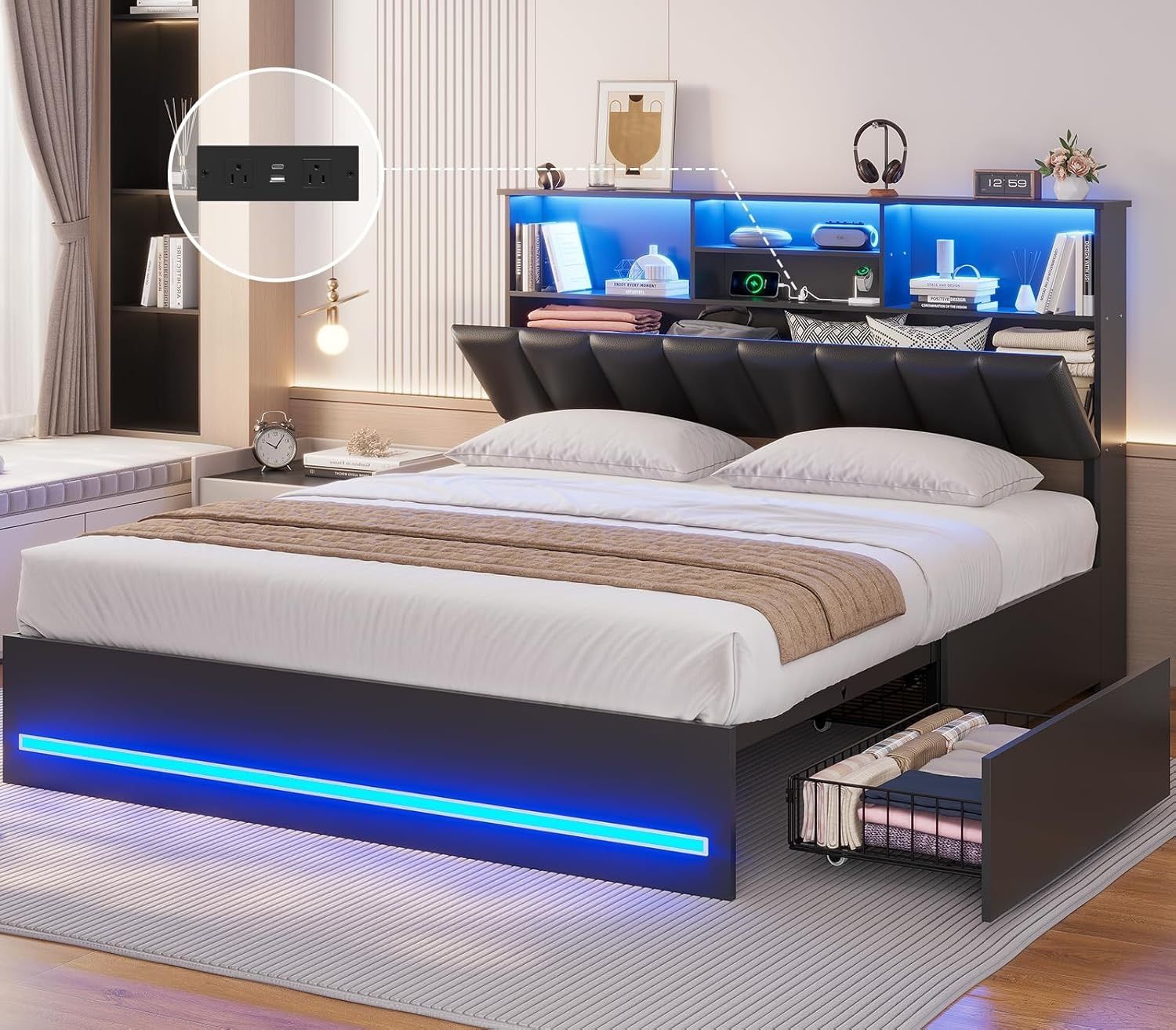 Queen Bed Frame with Stylish Bookcase Headboard & Charging Station & LED Lights,Queen Size Bed Frame