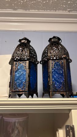 Moroccan Style Metal Lanterns with Blue Glass – Set of 2