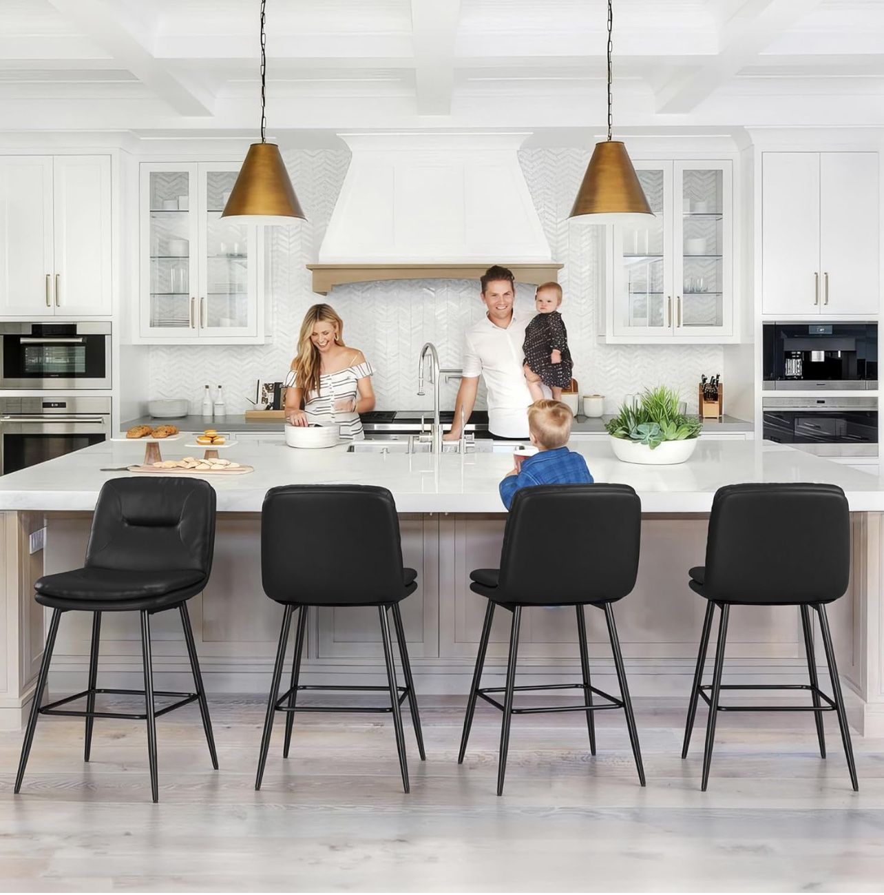 Double-Layer Upholstered Bar Stools Set of 4, Counter Height Bar Stools for Kitchen Island, Faux Leather Armless Barstool Chairs, 24 Inch Barstools wi