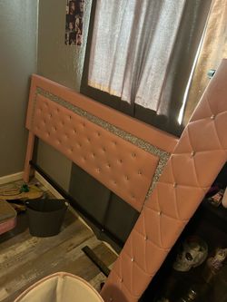 Pink Tufted Upholstered Headboard with Rhinestone Trim