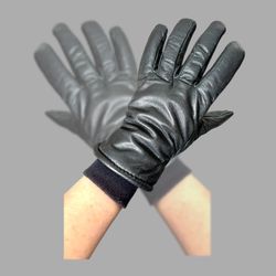 Unisex Black Warm Insulated Cuffed Leather Gloves Sz S