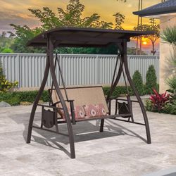 Patio Swing Chair with Canopy 2 Person Outside Glider w/Side Table and Cushions for Backyard Textilene Loveseat Bench Outdoor Hammock Porch Swinging