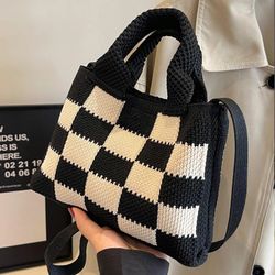 Checkerboard Knitted Tote Plaid Crochet Handbag Aesthetic Woven Shoulder Hobo