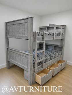 Solid Wood Full Full Bunk Bed w Drawers & Foam Mattresses