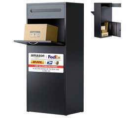 Package delivery Box for Outside, Front-Back Black Metal Parcel Drop Box, Anti-Theft Waterproof Mailbox for Porch, Fence, Curbside (50 x 38 x 120cm)