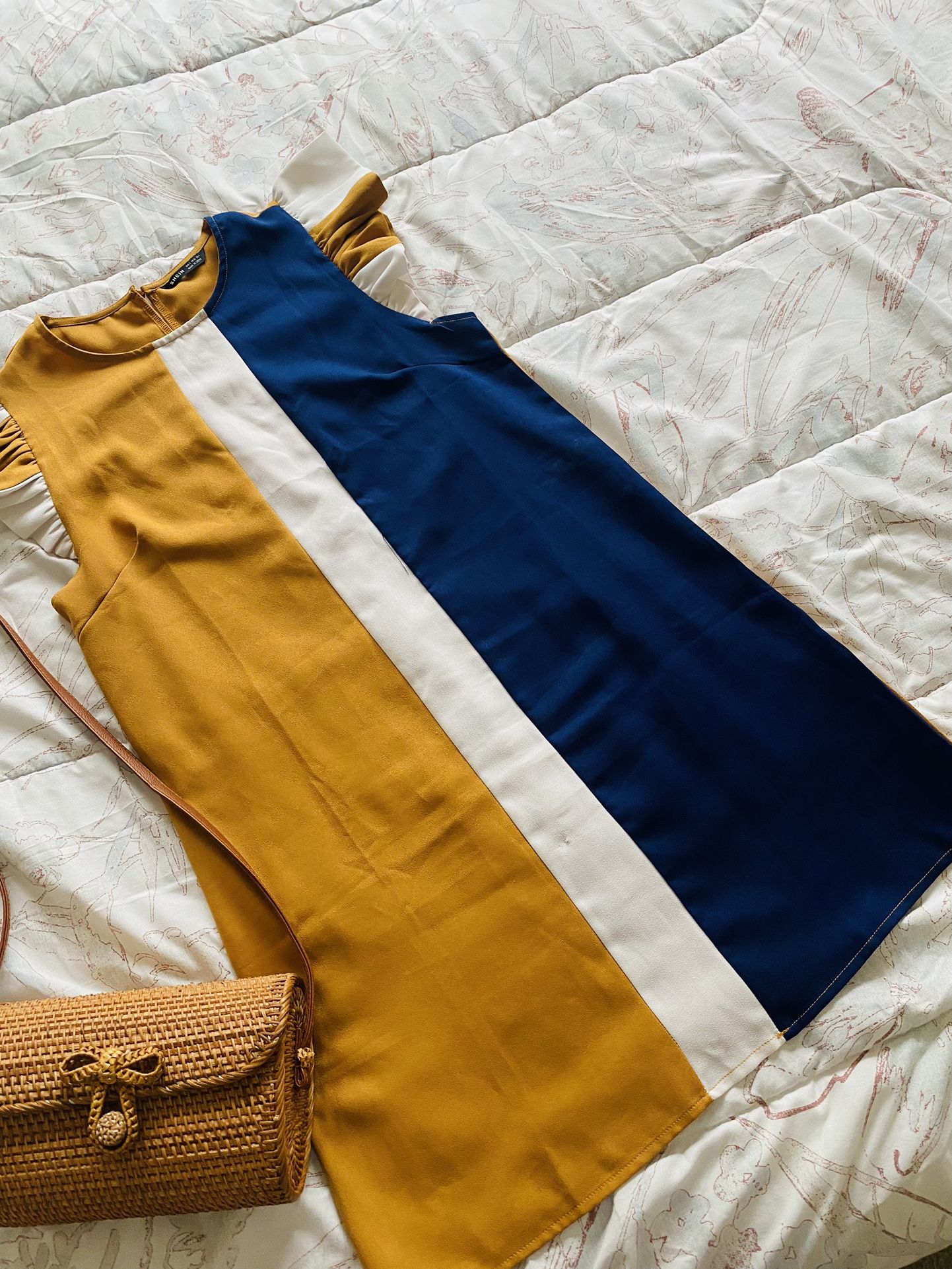 Mustard Yellow, White And Blue Stripe